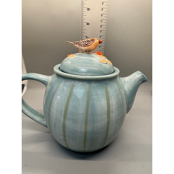 Marjolein Bastin Teapot Bird & Berries Hallmark Signed Blue with Green Stripes - Picture 7 of 12